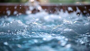 acqua spruzzo nel il piscina. avvicinamento di acqua esplosione nel un' piscina pieno di acqua. acqua gocciolare foto