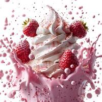 fragola ghiaccio crema esplosione su bianca sfondo. rosa crema spruzzata. ghiaccio crema cono foto