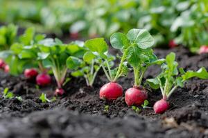 biologico Ravanelli in crescita nel fertile suolo nel un' verdura giardino, che rappresentano sostenibile agricoltura e relazionato per terra giorno e mondo ambiente giorno foto