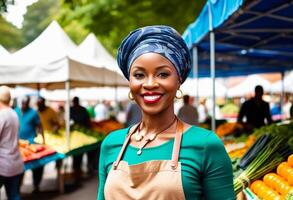 africano donna imprenditore con un' radiante Sorridi a un' agricoltori mercato, che rappresentano piccolo attività commerciale e Locale cibo commercio foto