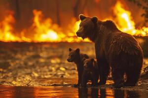 orso e cuccioli di un' fiume, In cerca di rifugio a partire dal il calore e fiamme, commovente famiglia momento foto