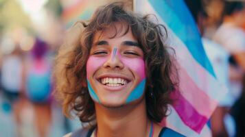 sorridente giovane persona con arcobaleno viso dipingere a orgoglio parata, che rappresentano LGBTQ Comunità celebrazione e diversità, sfocato bandiera nel sfondo foto