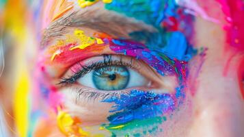 vicino su di un' persone occhio con colorato dipingere colpi, simboleggiante creatività e festival piace holi o orgoglio mese foto