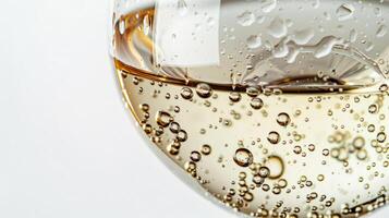vicino su di bianca vino bolle nel un' bicchiere, macro sparo, isolato su bianca sfondo foto