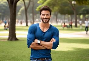 fiducioso giovane uomo con un' barba sorridente nel un' parco indossare un' blu camicia, adatto per stile di vita e padri giorno temi foto