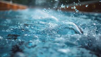 acqua spruzzo nel il piscina. avvicinamento di acqua esplosione nel un' piscina pieno di acqua. acqua gocciolare foto