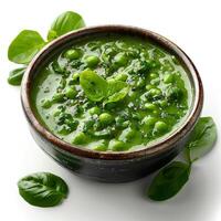 verde la minestra con verde spinaci e verdure nel un' ciotola isolato su bianca sfondo con ombra. biologico e vegetariano la minestra foto