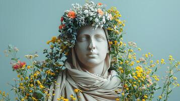 antico greco fallimento di un' donna avvolto nel fiori. antico greco statua di un' donna isolato su blu sfondo. antico romano architettura foto