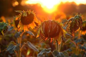 appassito girasoli di fronte il ambientazione sole dopo un' giorno di duro luce del sole, simbolico di resistenza foto