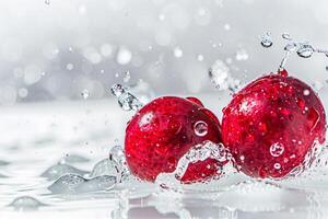 paio di mirtilli galleggiante nel acqua, vivace rosso su un' bianca sfondo foto