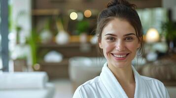 radiante giovane caucasico donna nel un' bianca accappatoio sorridente nel un' lussuoso terme ambientazione, ideale per benessere, se stesso cura, e internazionale Da donna giorno temi foto