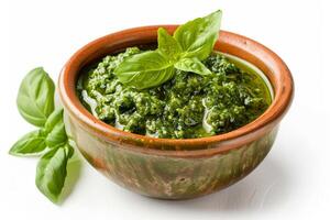 fresco pesto salsa nel un' piccolo ceramica ciotola, ricco verde colore, isolato su un' bianca sfondo foto