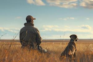 cacciatore con un' allenato a caccia cane a il suo lato, tutti e due mettere in guardia e lettura il orizzonte nel un' erboso campo foto