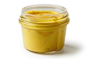 miele mostarda condimento nel un' bicchiere barattolo, d'oro e cremoso, isolato su un' bianca sfondo foto