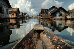 piccolo barca navigazione un' allagato villaggio, case metà sommerso, un' surreale acquatico paesaggio foto