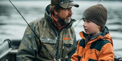 professionale pesca guida insegnamento un' giovane apprendista su un' barca, dimostrando tecnica con canne e bobine foto