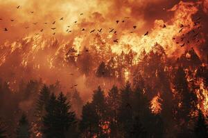 uccelli fuggendo a partire dal Treetops come fiamme inghiottire il foresta sotto, un' cielo pieno con Fumo e panico foto