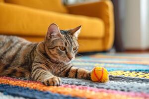 gatto giocando con un' gatto giorno a tema giocattolo, vivace e vivace azione tiro nel un' vivente camera foto