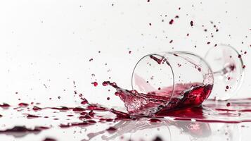 vino versare a partire dal un' ribaltato al di sopra di bicchiere, drammatico vicino su, isolato su bianca foto