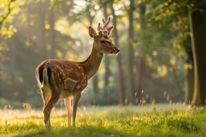 natura ansimante nel il ombra durante picco calore, un' cervo nel un' foresta radura guardare stressato foto