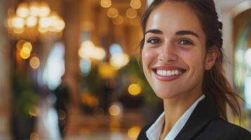 sorridente giovane femmina ospitalità professionale in posa nel un' lusso Hotel atrio, simboleggiante cliente servizio eccellenza e internazionale receptionist giorno foto