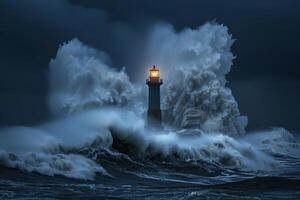 grande retrò faro con fascio di luminosa leggero splendente su per blu mare foto