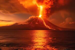 eruzione vulcano con a cascata caldo lava circondato di spessore bianca Fumo foto