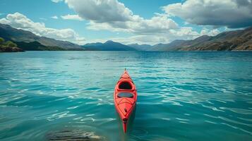 singolo rosso kayak su un' turchese lago, lontano montagne, avventura tema foto