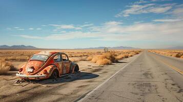 abbandonato auto su un' deserto strada, ondata di caldo e viaggio rottura foto