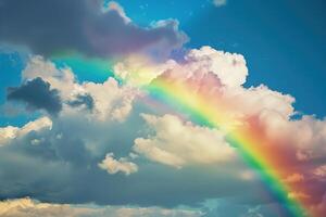 bellissimo tranquillo paesaggio con magico luminosa arcobaleno a nuvoloso cielo foto