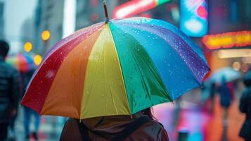 persona con colorato arcobaleno ombrello a piedi nel urbano piovere, goccioline visibile, sfocato città luci sfondo, simboleggiante diversità, LGBTQ orgoglio, o piovoso tempo metereologico concetti foto