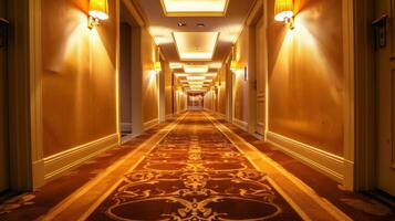 elegante Hotel corridoio illuminato di parete applique, con ornato tappeto principale per di fuga punto, architettura e lusso viaggio concetti foto