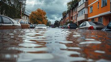 allagato urbano strada con abbandonato macchine, tempestoso cielo alto foto