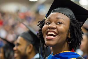 gioioso giovane nero donna nel berretto e toga ridendo, con un' folla di laureati nel il sfondo foto