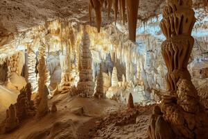 grande bellissimo acuto stalattiti sospeso giù a partire dal in profondità montagna grotta foto