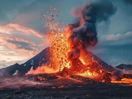 eruzione vulcano con a cascata caldo lava circondato di spessore bianca Fumo foto