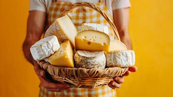 persona nel un' plaid camicia Tenere un' cestino di assortito formaggio contro un' giallo sfondo, ideale per culinario concetti e nazionale formaggio giorno promozioni foto