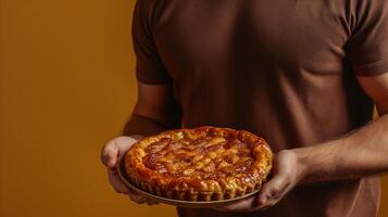 uomo presentazione un' appena al forno Mela torta contro un' caldo tonica sfondo, concettualmente ideale per ringraziamento o autunno raccogliere celebrazioni foto