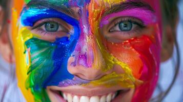 vicino su di un' gioioso persona con un' colorato dipinto viso festeggiare holi Festival, incarnando creatività e diversità foto