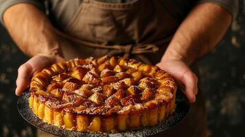 un' persona regali un' fatti in casa Caramellizzato Mela crostata su un' buio sfondo, ideale per ringraziamento e autunnale celebrazioni, evocando accogliente culinario tradizioni foto