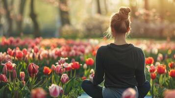 giovane donna medita nel sereno città parco, yoga stuoia accanto tulipano letto, indietro Visualizza foto