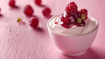 Yogurt con marmellata per prima colazione con ampio copia spazio su vivido fondale foto