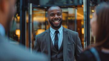 fiducioso africano americano uomo d'affari nel un' completo da uomo sorridente durante un' amichevole conversazione al di fuori il ufficio, ideale per aziendale cultura e professionale networking concetti foto