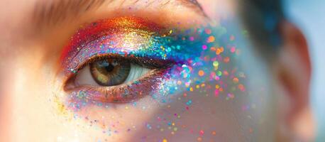 vicino su di un' persona con vivace luccichio trucco su occhio, Perfetto per bellezza concetti, carnevale temi, e creativo trucco abilità artistica per vacanza celebrazioni foto