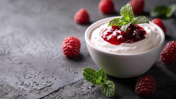 Yogurt con marmellata per prima colazione con ampio copia spazio foto