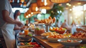 capocuoco preparazione cibo a un' buffet con fresco ingredienti, ideale per culinario eventi e ospitalità industria temi, con un' messa a fuoco su abbondante e salutare scelte foto