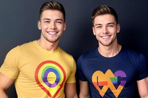 Due sorridente giovane uomini nel colorato t camicie con arcobaleno orgoglio simboli, che rappresentano LGBTQ supporto e diversità, adatto per orgoglio mese o inclusività concetti foto