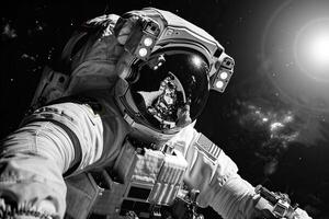 su tema di astronauta volante nel zero gravità contro stellato cielo nel in profondità buio spazio foto