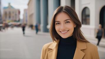 sorridente giovane asiatico donna nel un' alla moda trincea cappotto godendo un' vivace città vita, ideale per stile di vita marketing e internazionale Da donna giorno temi foto