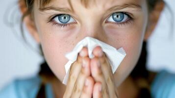 vicino su di un' malato giovane ragazza con un' freddo soffiaggio sua naso in un' fazzoletto di carta nel un' dettagliato Visualizza foto